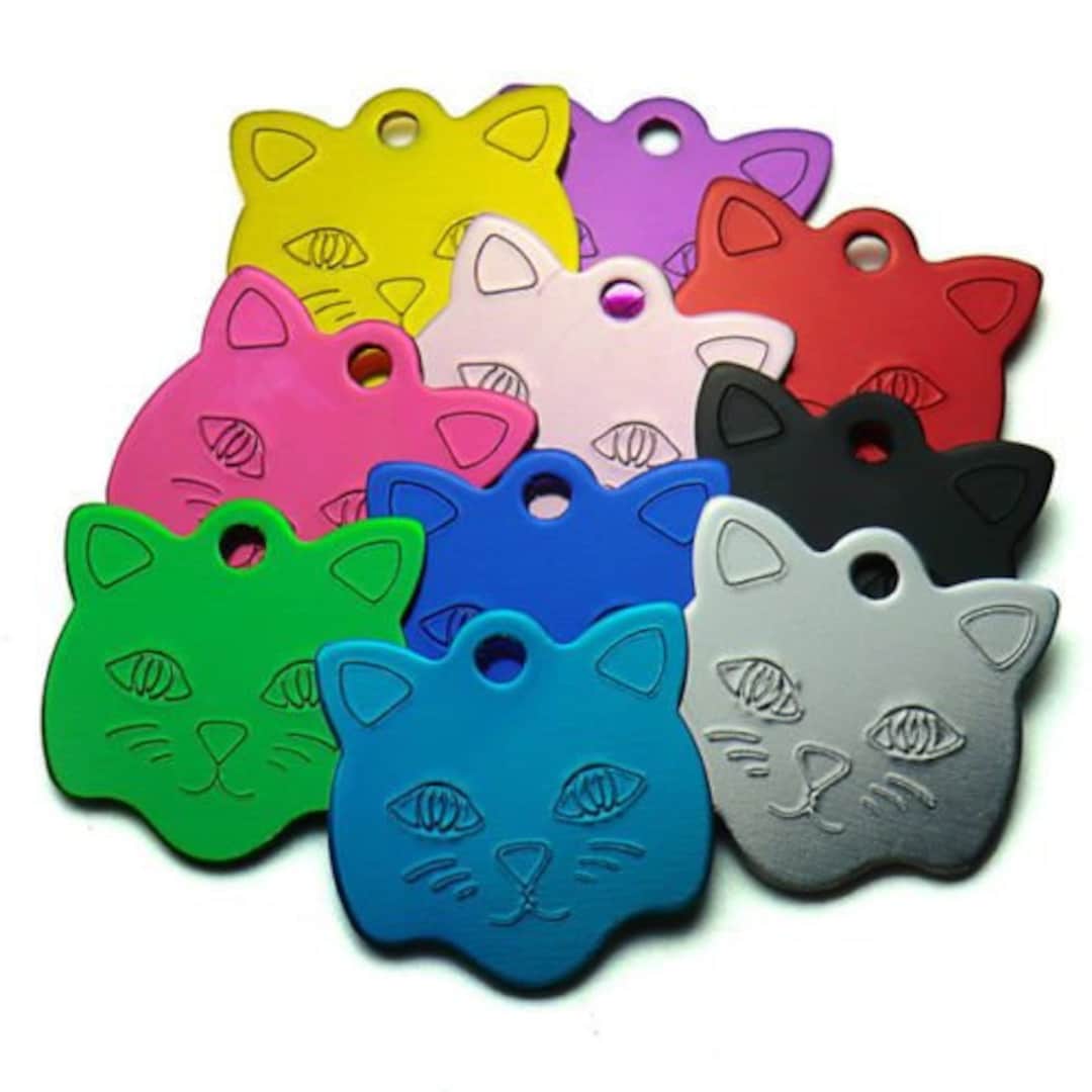 Engraved Cat Face Pet Tags. Bold Contrasting Text, 22mm Gold Or Silver