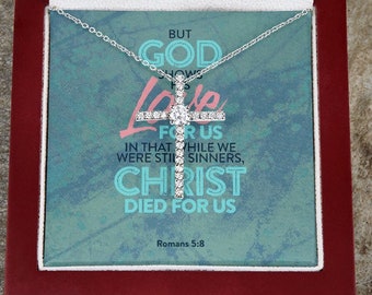 CZ Cross Necklace, Romans 5:8, Christian Necklace, Gifts for Christians, Scripture Necklace, Faith Necklace, Jesus Necklace