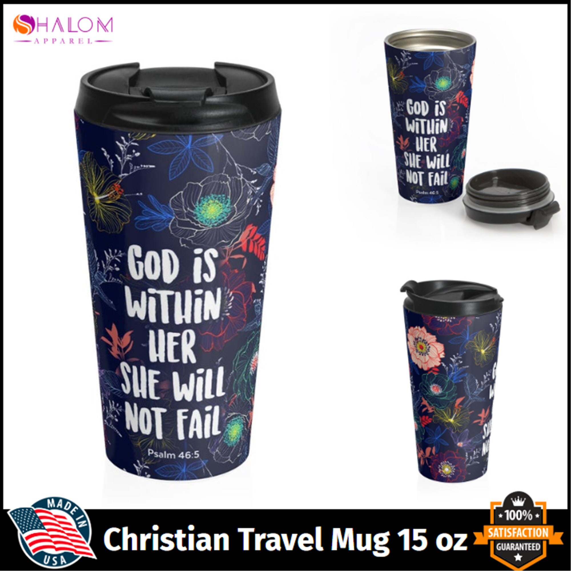 Christian Travel Mug 15 Oz Stainless Steel God is Within Her, She Will Not Fail psalm 465
