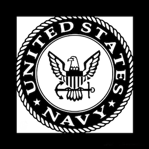 May include: Black and white United States Navy emblem. The circular design features an eagle with outstretched wings, an anchor, and the words "UNITED STATES NAVY" in a circular pattern around the emblem.
