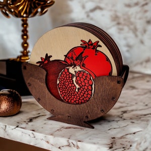 Armenian Wooden Pomegranate style Coaster with holder - Red|B Edition Set of 6