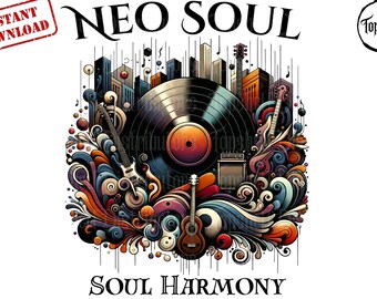 Könnte beinhalten: Eine digitale Grafik mit dem Text NEO SOUL und SOUL HARMONY, zentriert um eine schwarze Schallplatte, Gitarren und einen Verstärker. Das Design enthält eine stilisierte Skyline und farbenfrohe, wirbelnde abstrakte Formen sowie Musiknoten.
