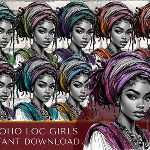 May include: Ten digital illustrations of women with colorful head wraps and locs. The women are drawn in a black and white style with a focus on their faces and hair. The background is a textured gray surface.