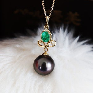 tahitian black pearls, pearl necklace, EMERALD, tahitian pearl necklace, black pearl, 18k gold, diamond necklace, tahitian pearls, gift
