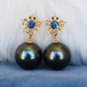 tahitian pearl earrings, tahitian black pearls, 18k gold, black pearl, pearls, tahitian pearls, natural pearls, earrings for women, gift