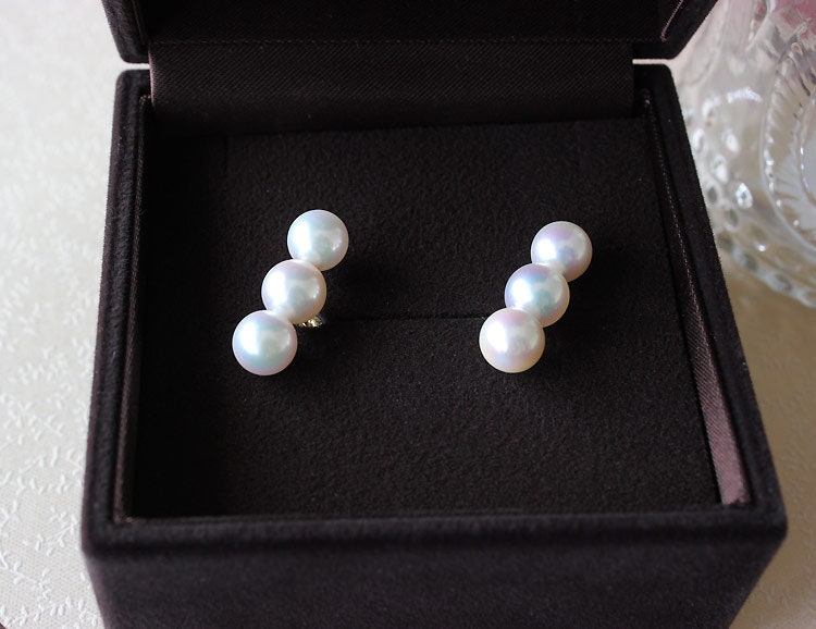 K18 Akoya Pearl Earrings 3 Grains 7-7.5mm K18YG/K14WG - Etsy