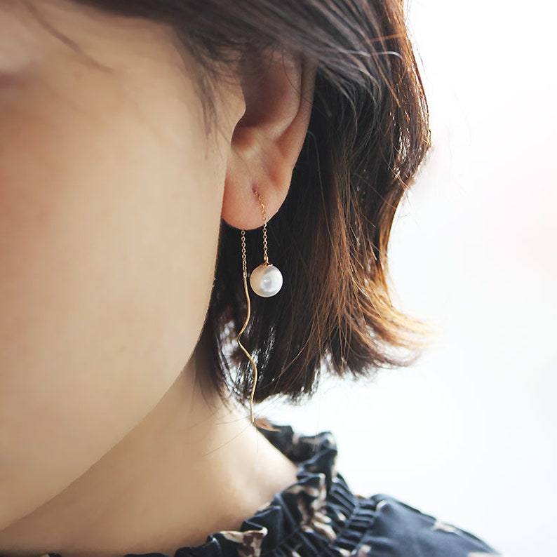 K18 Akoya pearl bar chain pierced earrings