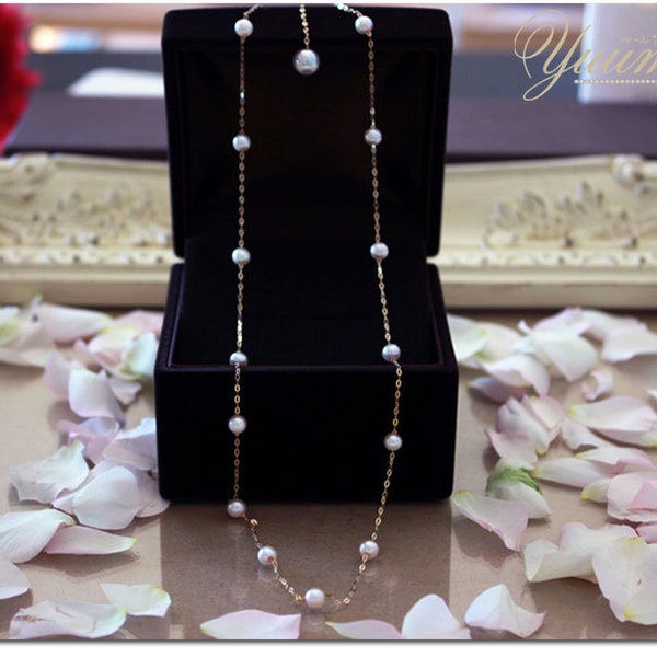 Akoya Pearl Necklace: 18k Gold Station Necklace, Real Pearls