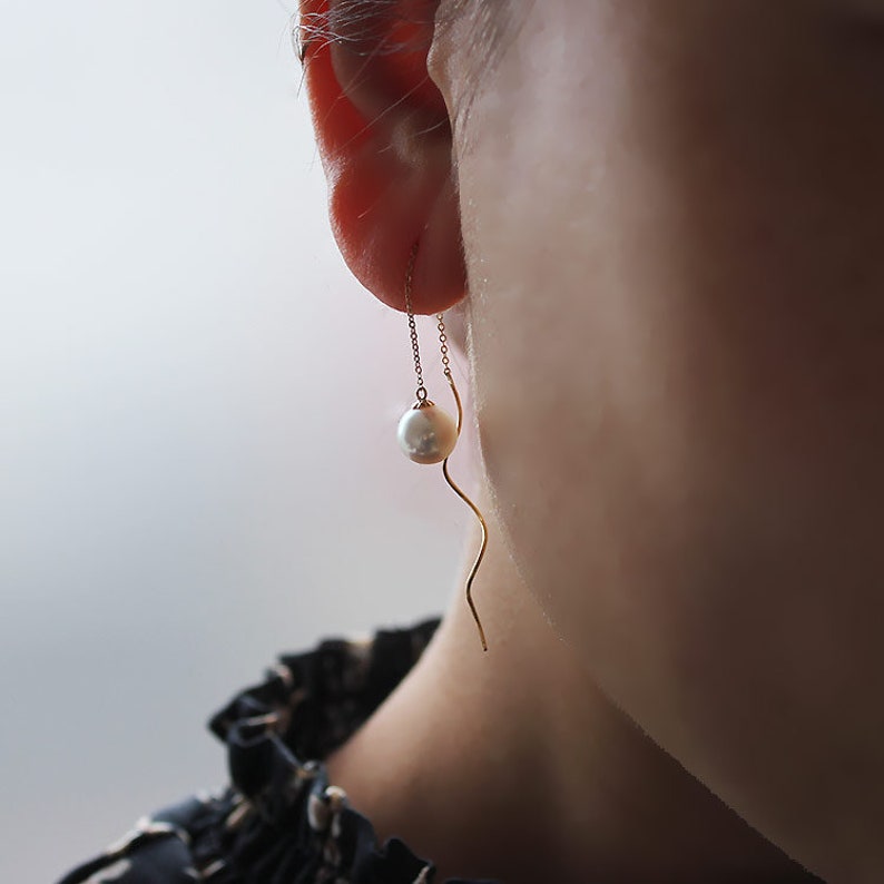 K18 Akoya pearl bar chain pierced earrings