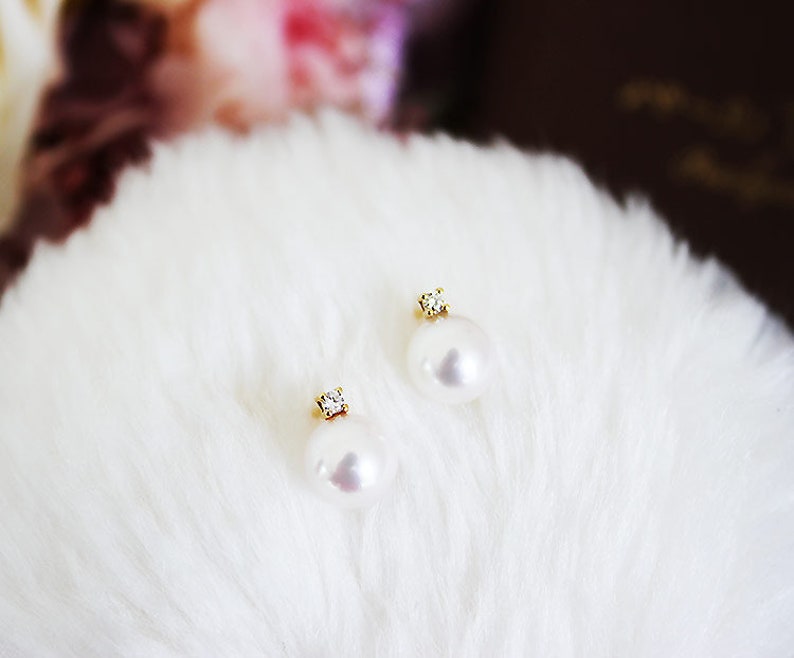 K18 Akoya pearl one DIA pierced earrings diamond akoya piace D0.05ct 2pcs