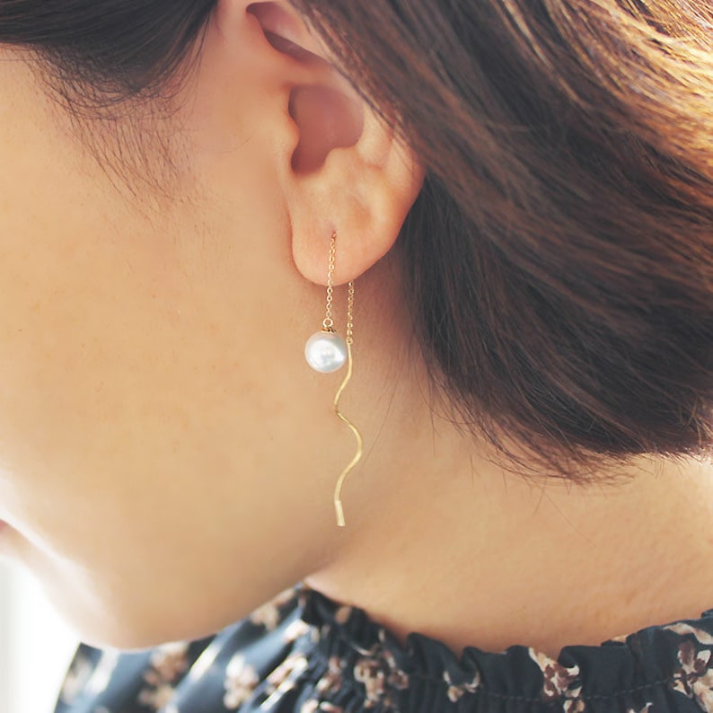 K18 Akoya pearl bar chain pierced earrings