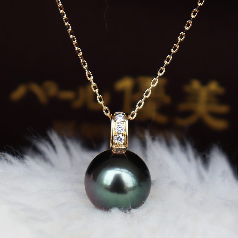 K18 Tahitian Black Pearl Necklace With Diamond (9-10mm) - Etsy