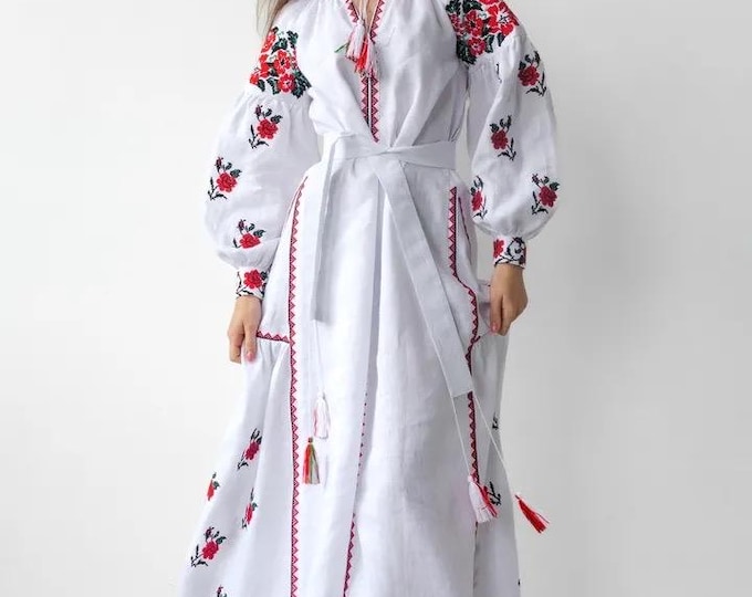 Handmade Ukrainian Vyshyvanka Dress | Embroidered Boho Maxi Dress