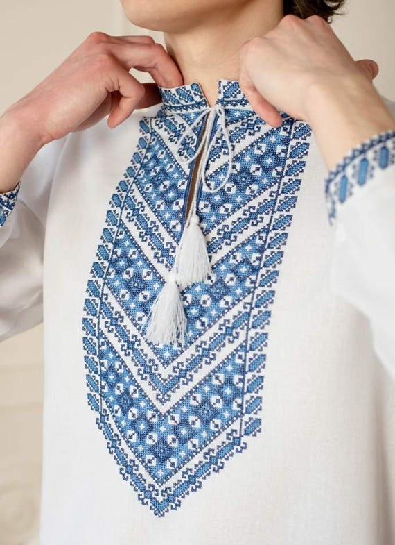 Men's Ukrainian Vyshyvanka Shirt | Blue Embroidered Sorochka
