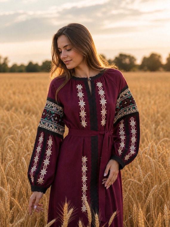 ukrainian embroidered dress Woman embroidery “Eugenia” A matching belt is included Bukovyna designer dress made of