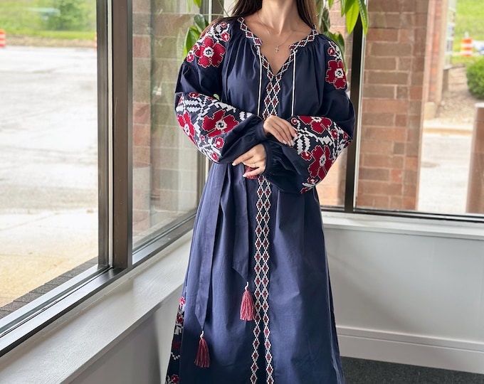 Ukrainian Vyshyvanka Dress | Ukraine Embroidered Dress in USA | Handmade Traditional Ukraine-Style Boho Embroidery Gift | Вишиванка