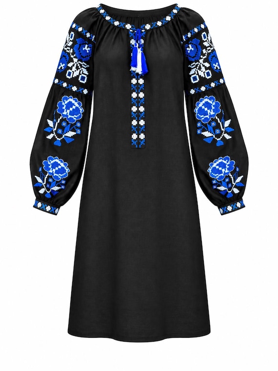 Black Embroidered Dress, Ukrainian Vyshyvanka Style