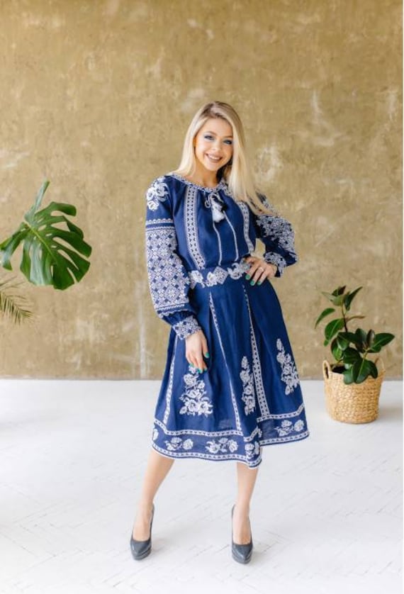 NEW Dress Embroidered blue dress Ukrainian style dress with embroidered cotton dress Vyshyvanka dress Organic dress with embroidered