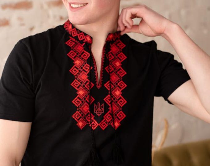 Men's Black Vyshyvanka T-Shirt | Red Ukrainian Embroidery