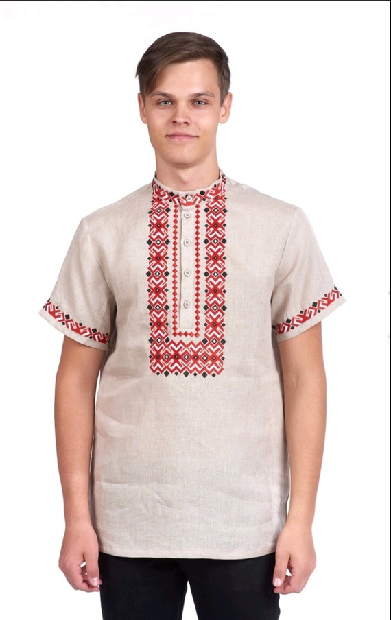 Ukrainian Vyshyvanka for Man Linen blue Men's Shirt Embroidered Shirt Sorochka