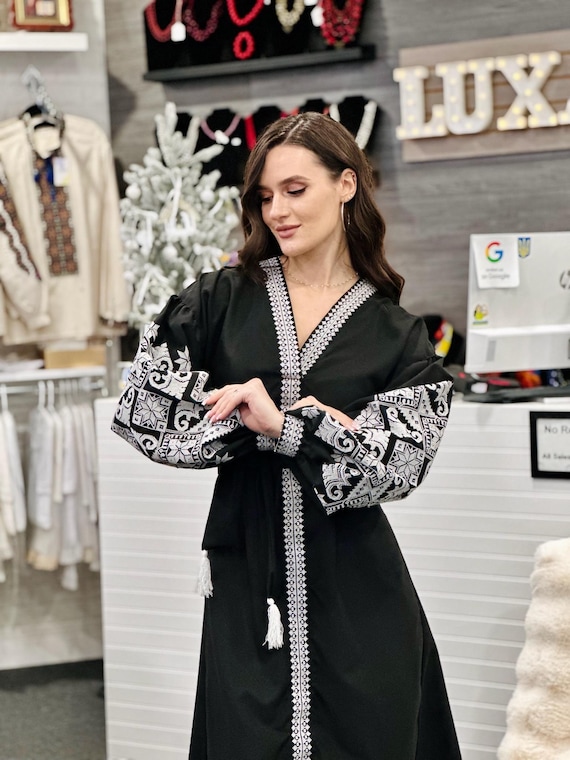 Black Embroidered Dress, Ukrainian Vyshyvanka Style, Black and white