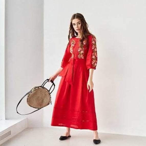 Red dress with embroidery, linen vyshyvanka dress