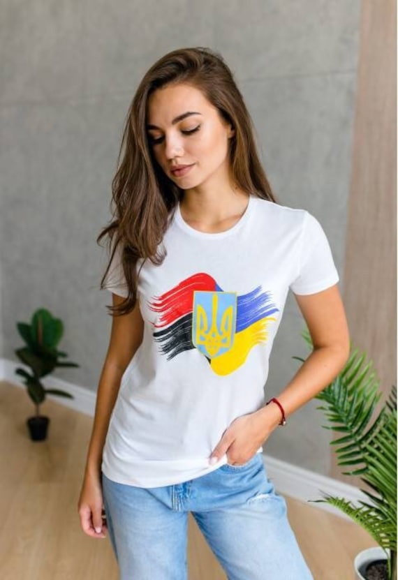 Ukrainian flag T-shirt for women Ukrainian style Ukrainian clothing in USA