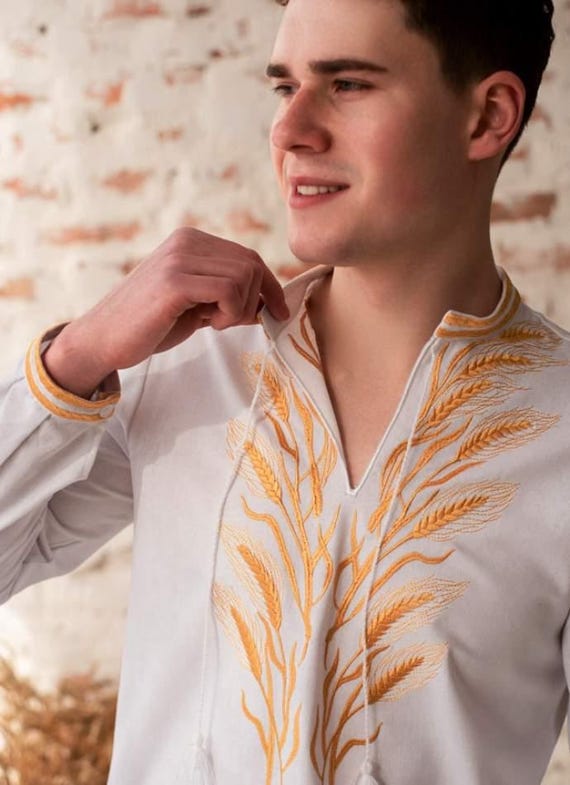 Couple's Ukrainian Embroidered Vyshyvanky Shirts | Wheat Design, Men's Women's Traditional Wear