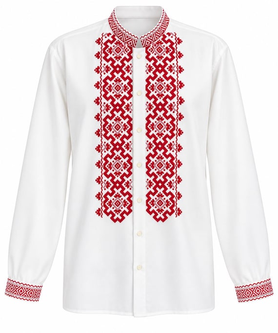 Embroidered Ukrainian Shirt Vyshyvanka, White Linen Blouse with Blue Ornament, Traditional Men's Clothing