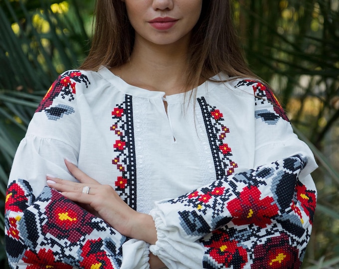 Ukrainian Vyshyvanka Blouse | Embroidered Linen Shirt, Boho Folk Style in USA