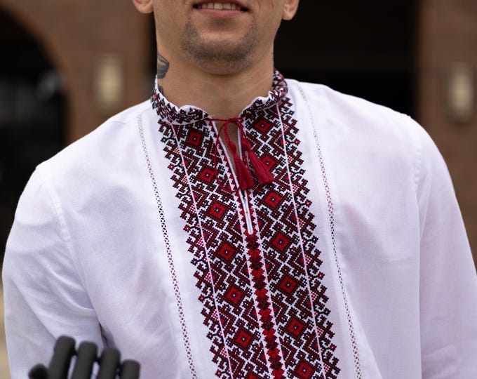 Mens Ukrainian Embroidered Shirt, Vyshyvanka, White cotton Blouse, Ethnic Clothing in USA