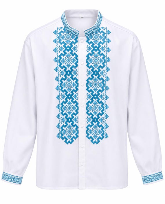 Embroidered Ukrainian Shirt Vyshyvanka, White Linen Blouse with Blue Ornament, Traditional Men's Clothing