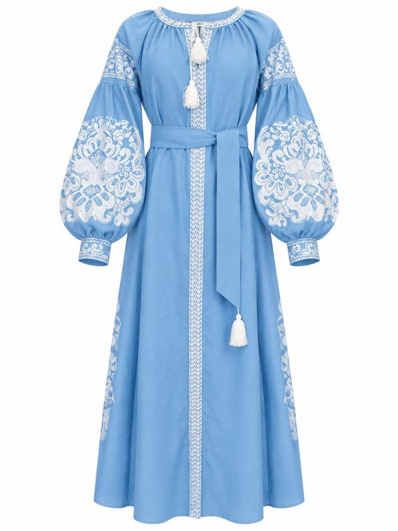 Blue Embroidered Maxi Dress, Ukrainian Vyshyvanka Style, Bohemian Long Dress