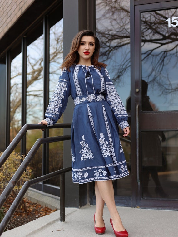 NEW Dress Embroidered blue dress Ukrainian style dress with embroidered cotton dress Vyshyvanka dress Organic dress with embroidered