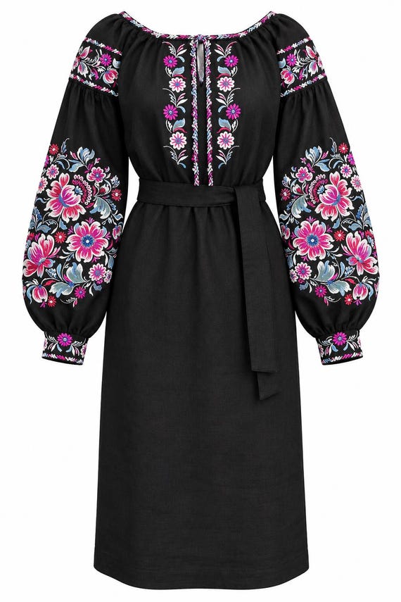 Black Embroidered Dress, Ukrainian Vyshyvanka Style, Made in Ukraine, Available in USA