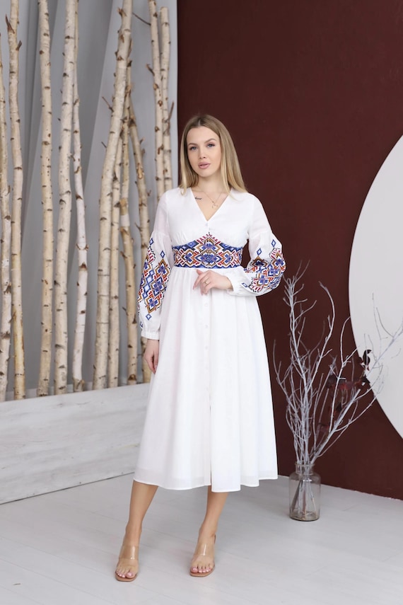 Ukrainian Vyshyvanka Dress | Ukraine Embroidered Dress in USA | Handmade Traditional Ukraine-Style Boho Embroidery Gift | Вишиванка