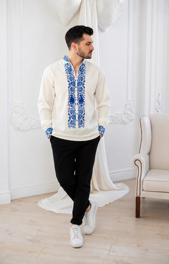 Men's Ukrainian Vyshyvanka Shirt | Blue Floral Embroidered Sorochka in USA