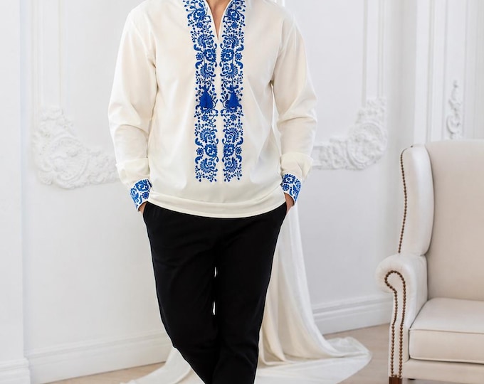 Men's Ukrainian Vyshyvanka Shirt | Blue Floral Embroidered Sorochka in USA