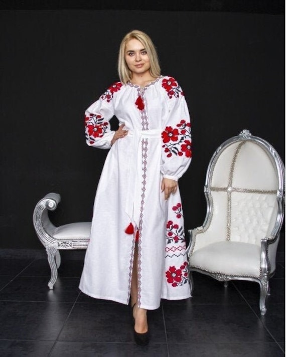 White Ukrainian dress with embroidery, Vyshyvanka dress In stock in USA sizes: S/M/L Ukraine dress Slavic dress Embroider dress embroidery