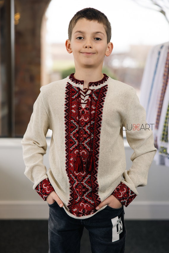 In USA Knitted Linen Vyshyvanka for boy Ukrainian style vyshyvanka Ukrainian embroidery