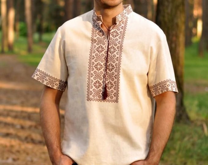 Men's Ukrainian Vyshyvanka | Embroidered Linen Shirt, Handmade Sorochka in USA