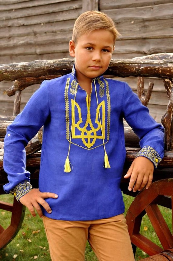 Ukrainian Vyshyvanka for Boy Linen Blue Boy's Shirt Embroidered Shirt Worldwide Shipping from Ukraine (for height from 100 to 150cm)