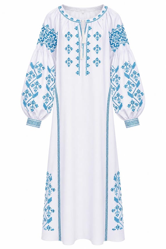 White Embroidered Maxi Dress, Ukrainian Vyshyvanka Style, Bohemian Long Dress