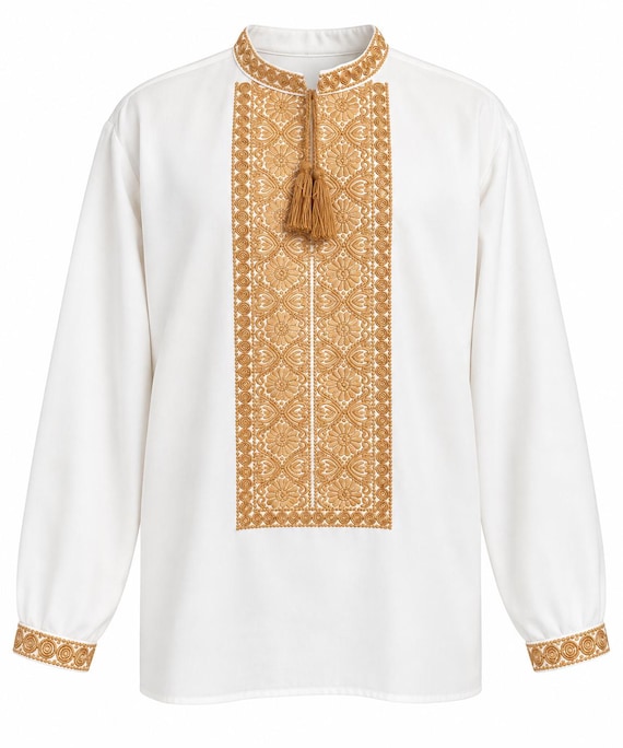 Embroidered Ukrainian Shirt Vyshyvanka, White Linen Blouse with Gold Ornament, Traditional Men's Clothing