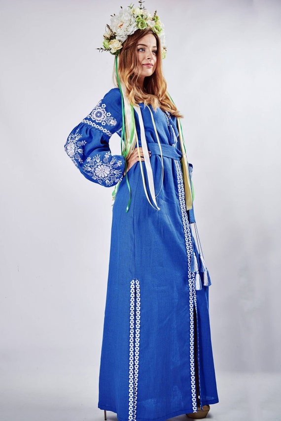 For order 2-4 weeks NEW Dress Embroidered blue dress Ukrainian style dress with embroidered Vyshyvanka dress Organic dress with embroidered
