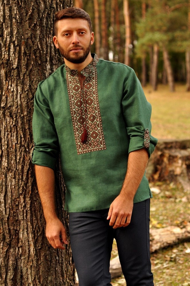 Ukrainian Vyshyvanka for Man Linen Green Men's Shirt Embroidered Shirt