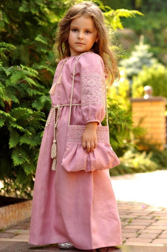 NEW Ukrainian Dress With Embroidery Linen Pink Dress For Girl Worldwide Shipping from Ukraine