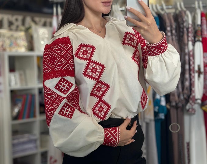 Red Embroidered Ukrainian Vyshyvanka Blouse | Boho Folk Shirt in USA