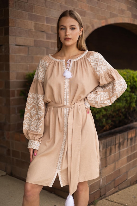 Ukrainian Vyshyvanka Dress | Ukraine Embroidered Dress in USA | Handmade Traditional Ukraine-Style Boho Embroidery Gift | Вишиванка (128)