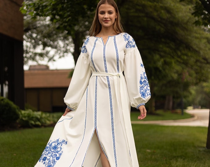 Handmade Ukrainian Vyshyvanka Dress | Boho Embroidered Maxi